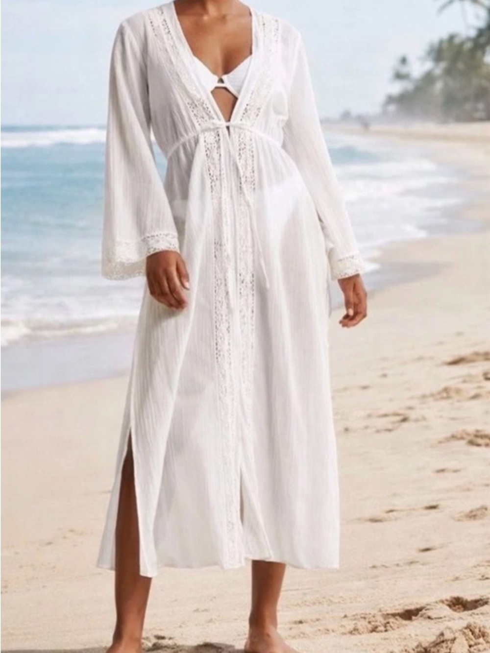 Abercrombie & Fitch Tie-Front Lace-Trim Maxi Dress Coverup L/XL